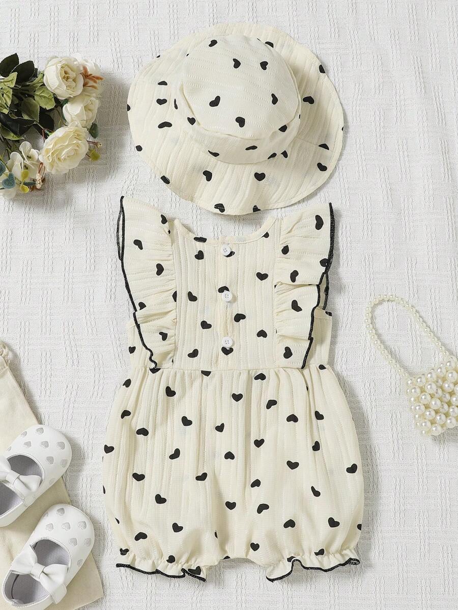 Girls Heart Print Ruffle Sleeveless Romper & Hat - Ivory