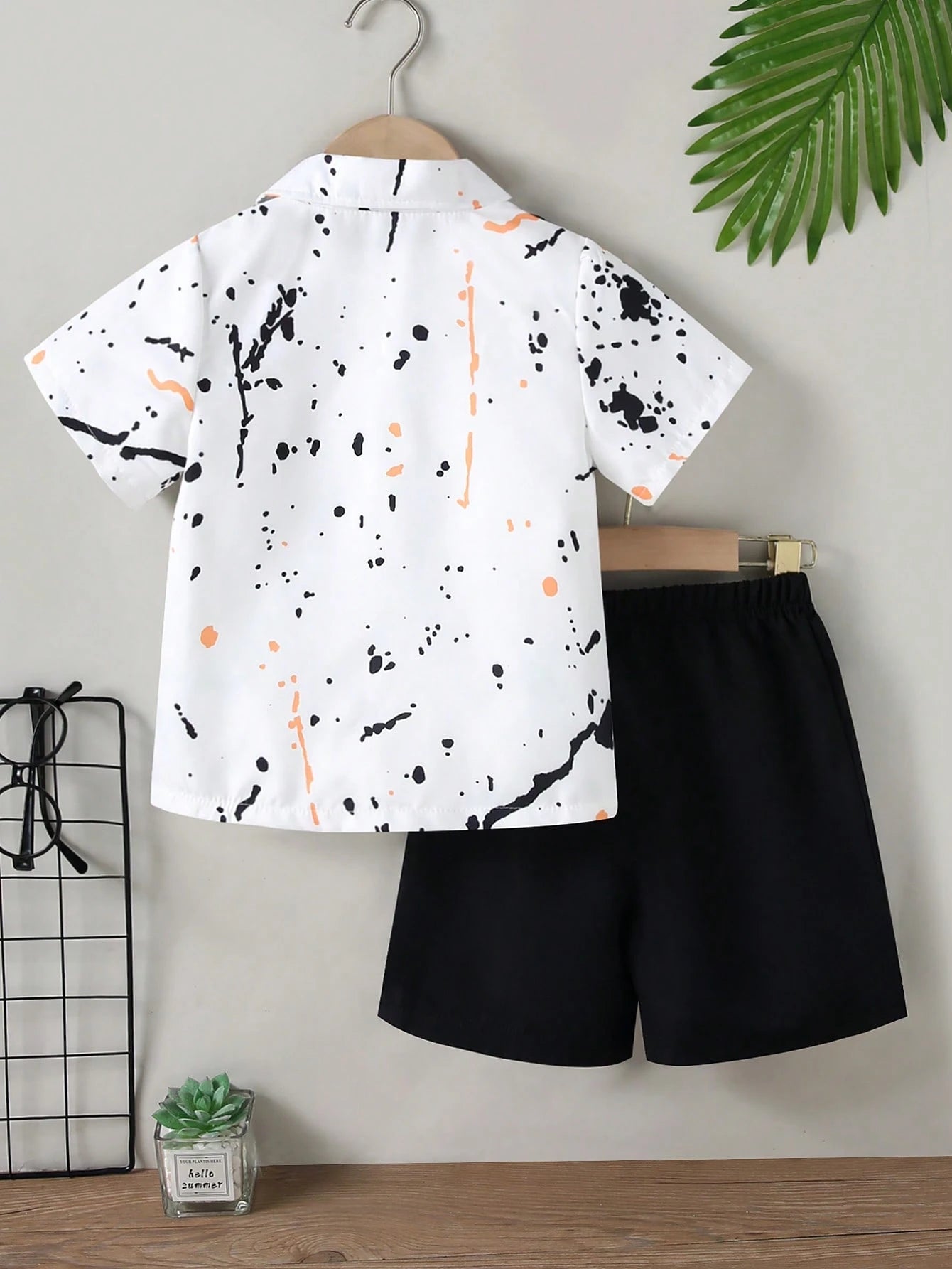 2pcs Boys Ink Splash Print Shirt & Shorts Set - Ivory