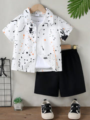 2pcs Boys Ink Splash Print Shirt & Shorts Set - Ivory
