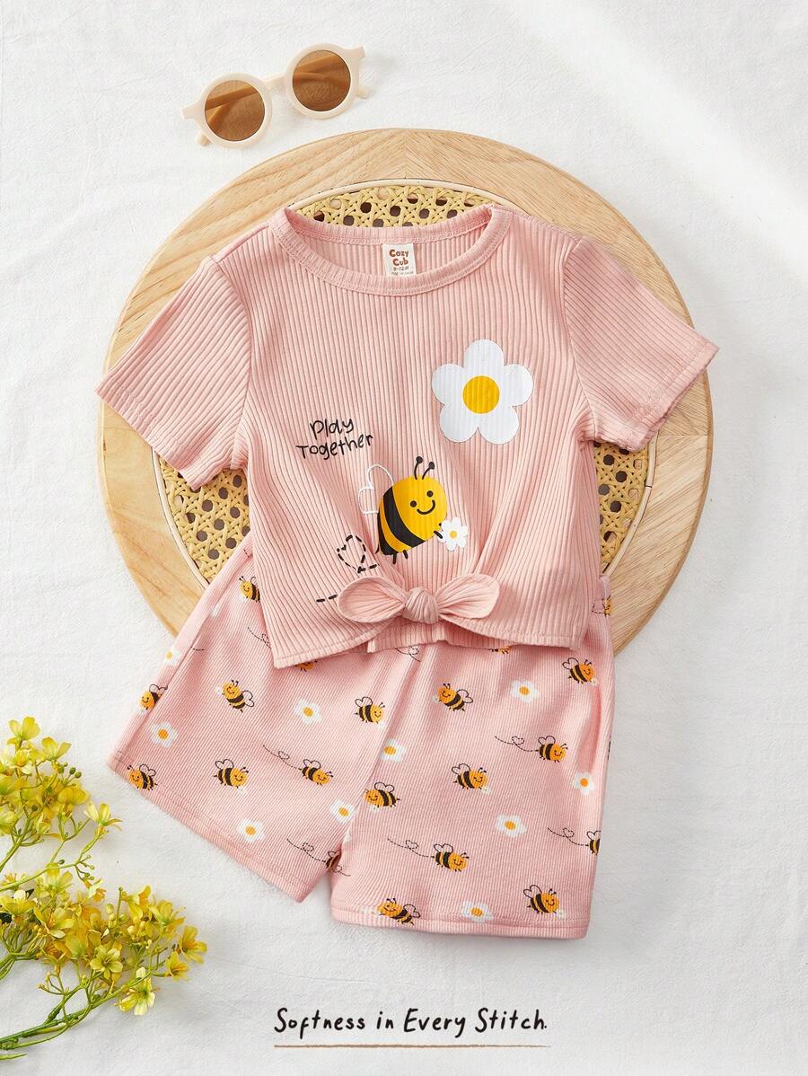 2pcs Girls Bee & Daisy Print Ribbed Knit Tee & Shorts Set - Blush