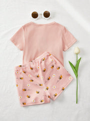 2pcs Girls Bee & Daisy Print Ribbed Knit Tee & Shorts Set - Blush