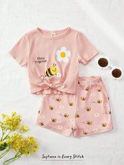 2pcs Girls Bee & Daisy Print Ribbed Knit Tee & Shorts Set - Blush