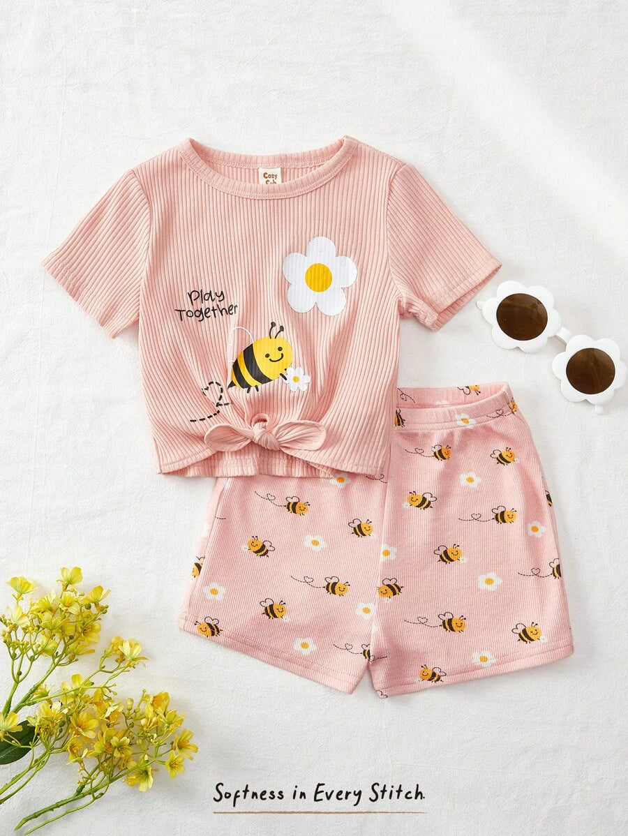 2pcs Girls Bee & Daisy Print Ribbed Knit Tee & Shorts Set - Blush