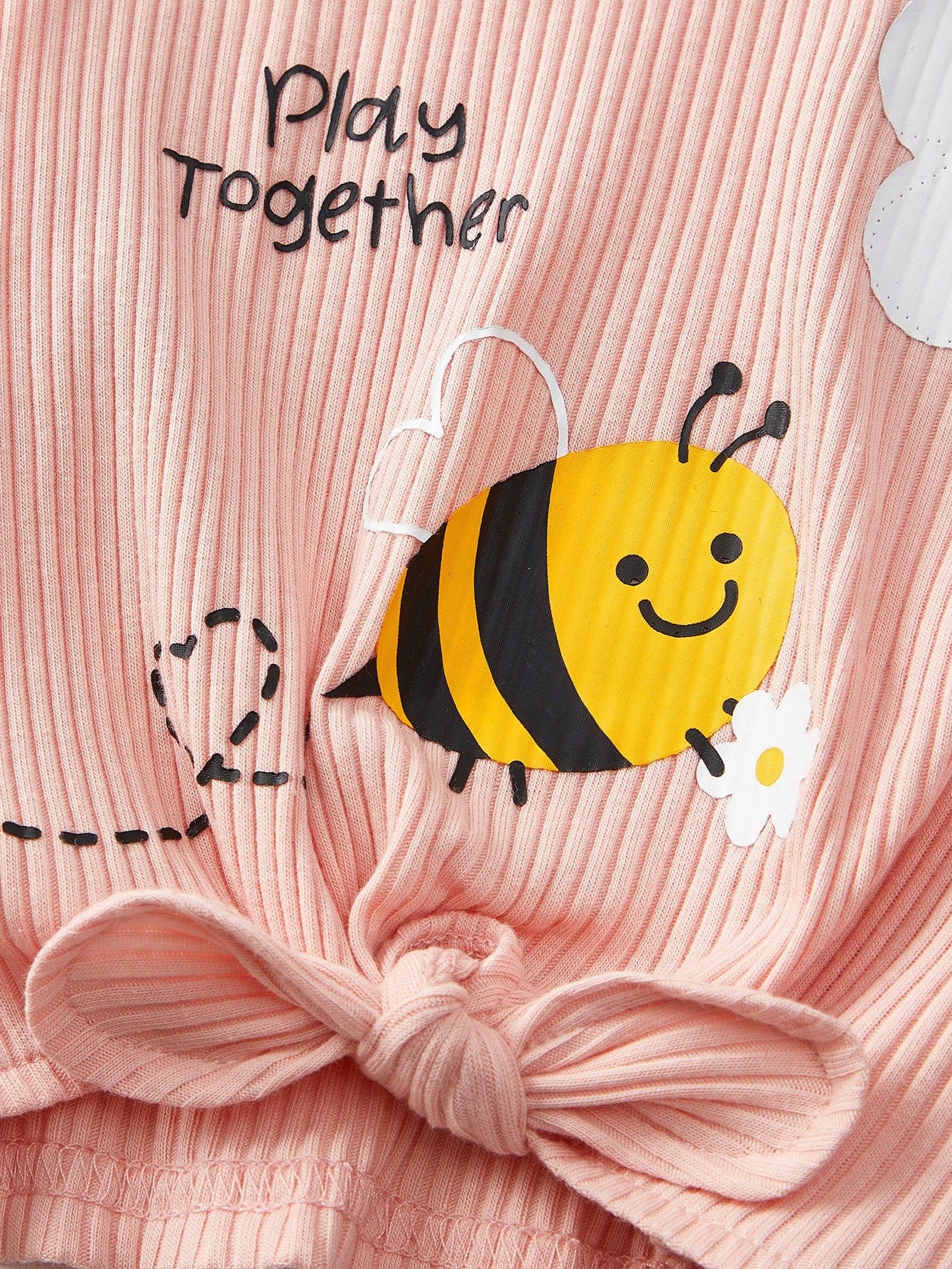 2pcs Girls Bee & Daisy Print Ribbed Knit Tee & Shorts Set - Blush