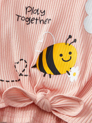 2pcs Girls Bee & Daisy Print Ribbed Knit Tee & Shorts Set - Blush