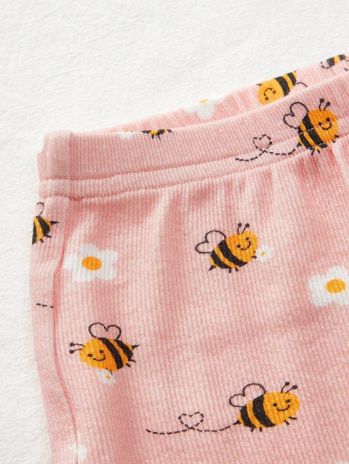 2pcs Girls Bee & Daisy Print Ribbed Knit Tee & Shorts Set - Blush