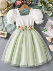 Girls Floral Embroidered Puff Sleeve Tulle Party Dress - Sage