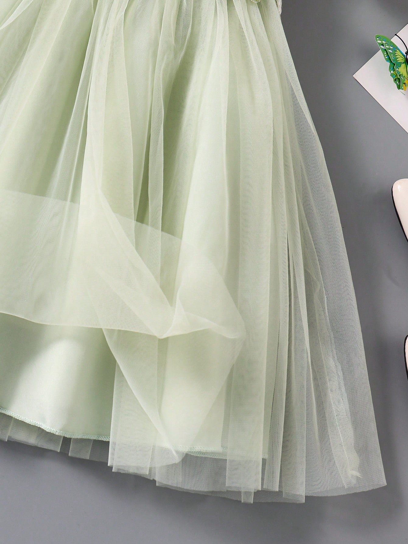 Girls Floral Embroidered Puff Sleeve Tulle Party Dress - Sage