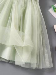 Girls Floral Embroidered Puff Sleeve Tulle Party Dress - Sage