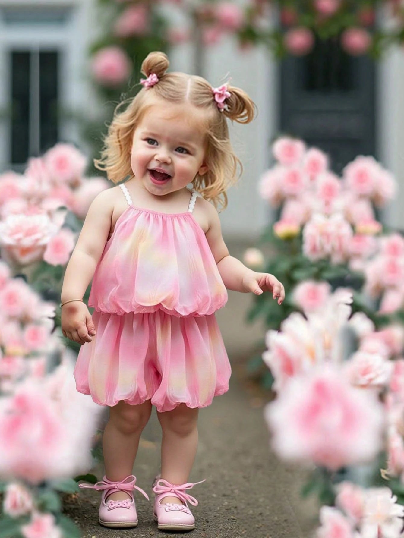 2pcs Girls Tie-Dye Spaghetti Strap Top & Shorts Set - Blush