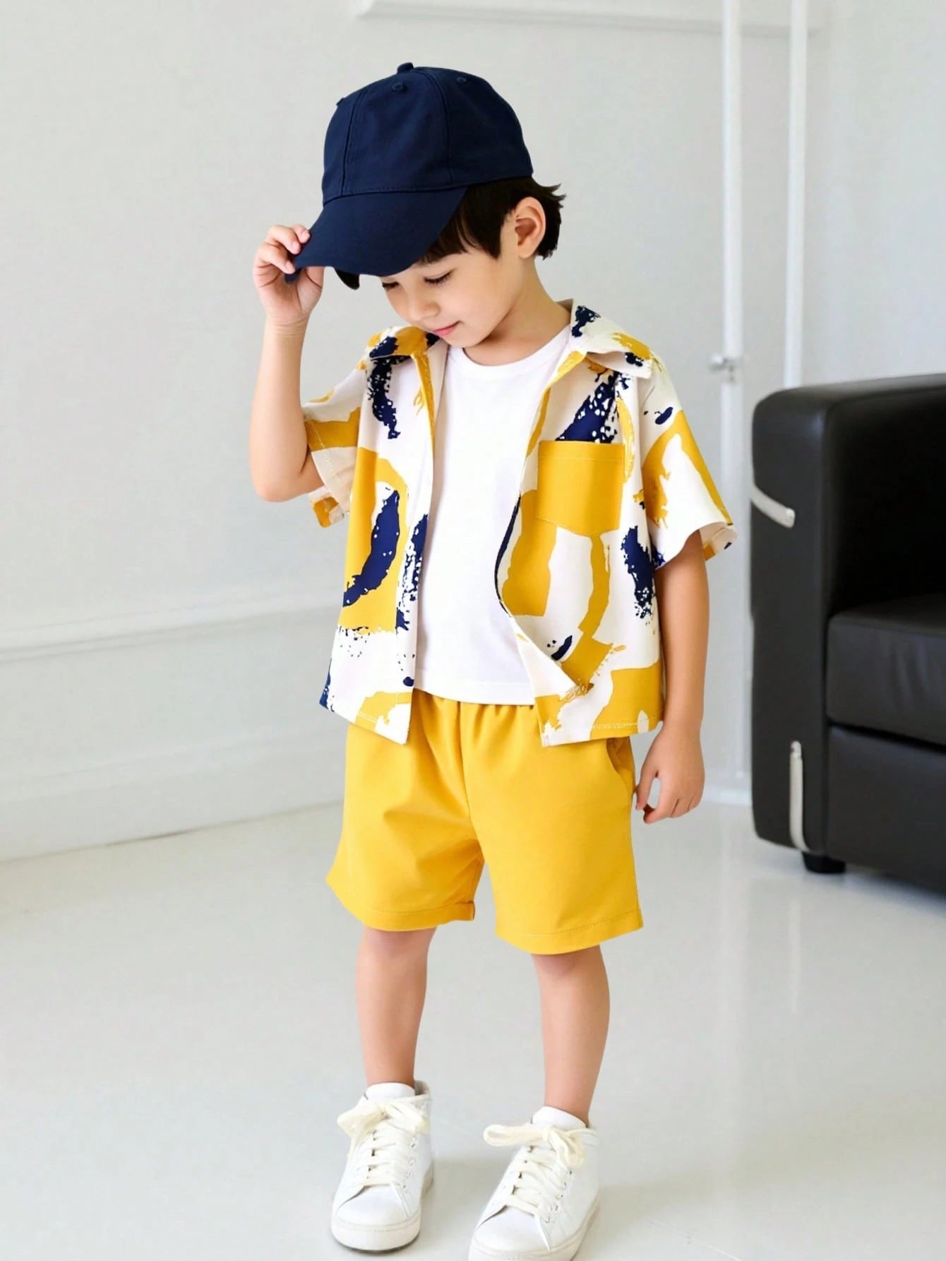 2pcs Little Boys Abstract Print Shirt & Shorts Set - Saffron