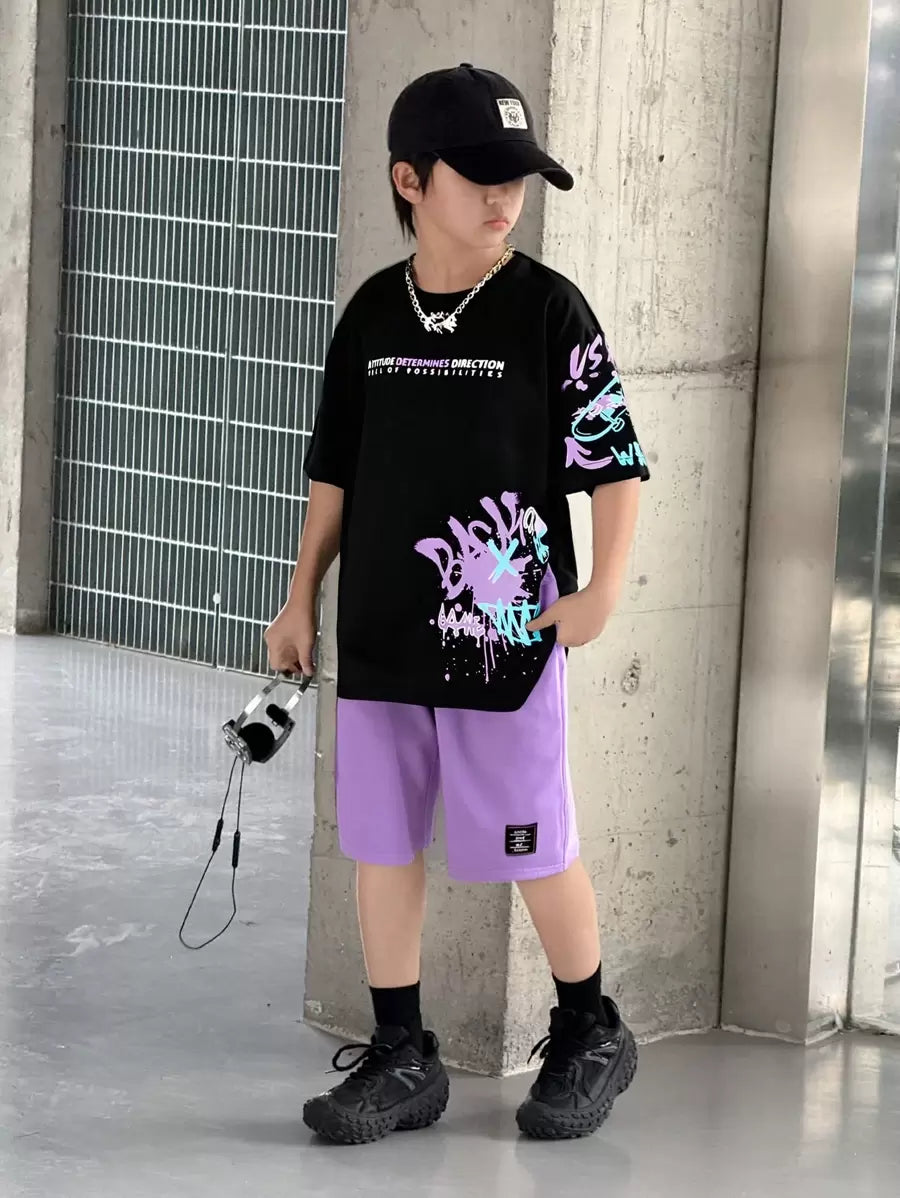 2pcs Boys Slogan Sports Tee & Shorts Set - Lilac