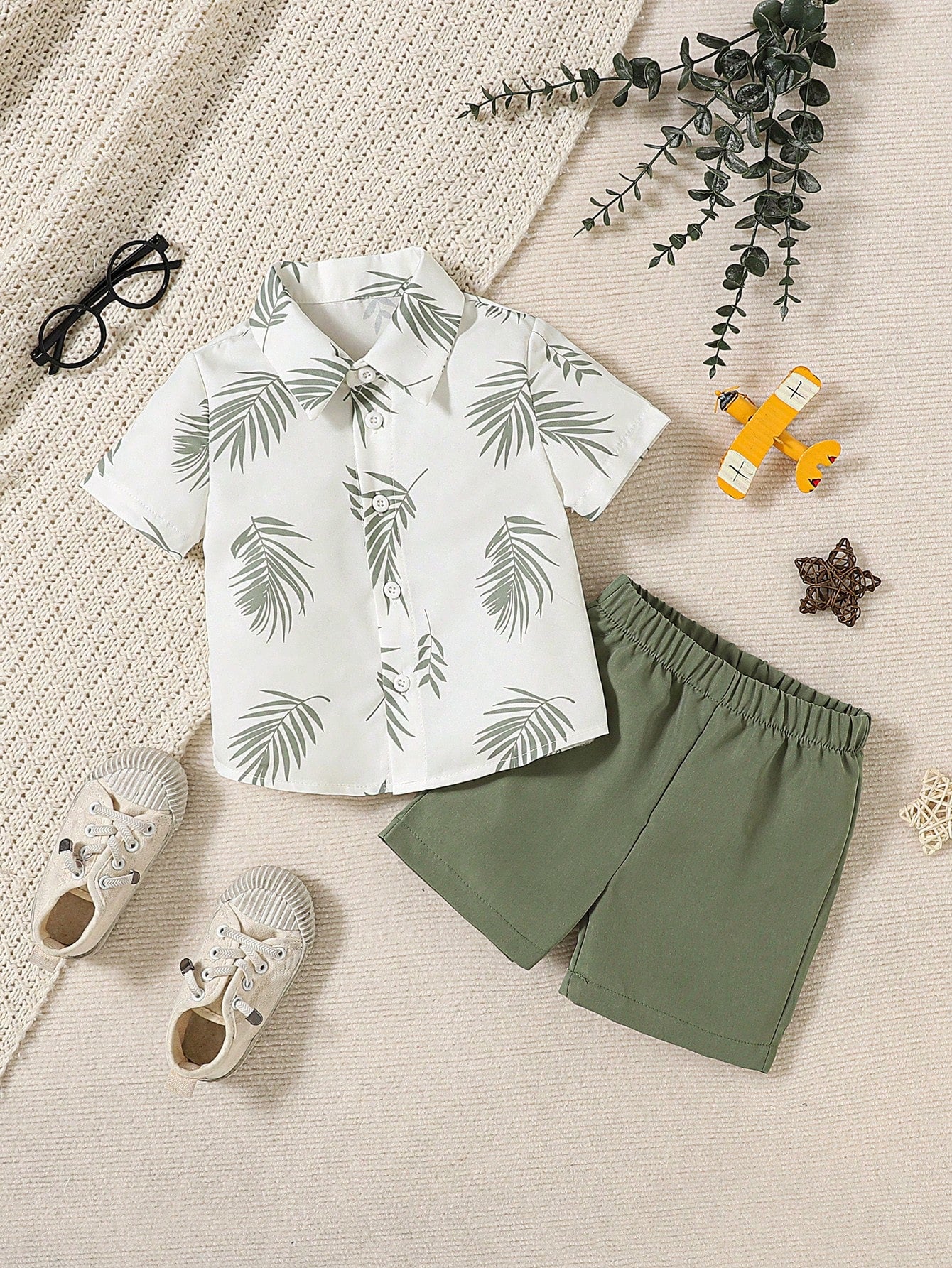 2pcs Boys Palm Leaf Print Shirt & Shorts Set - Ivory | 21 Century Kids