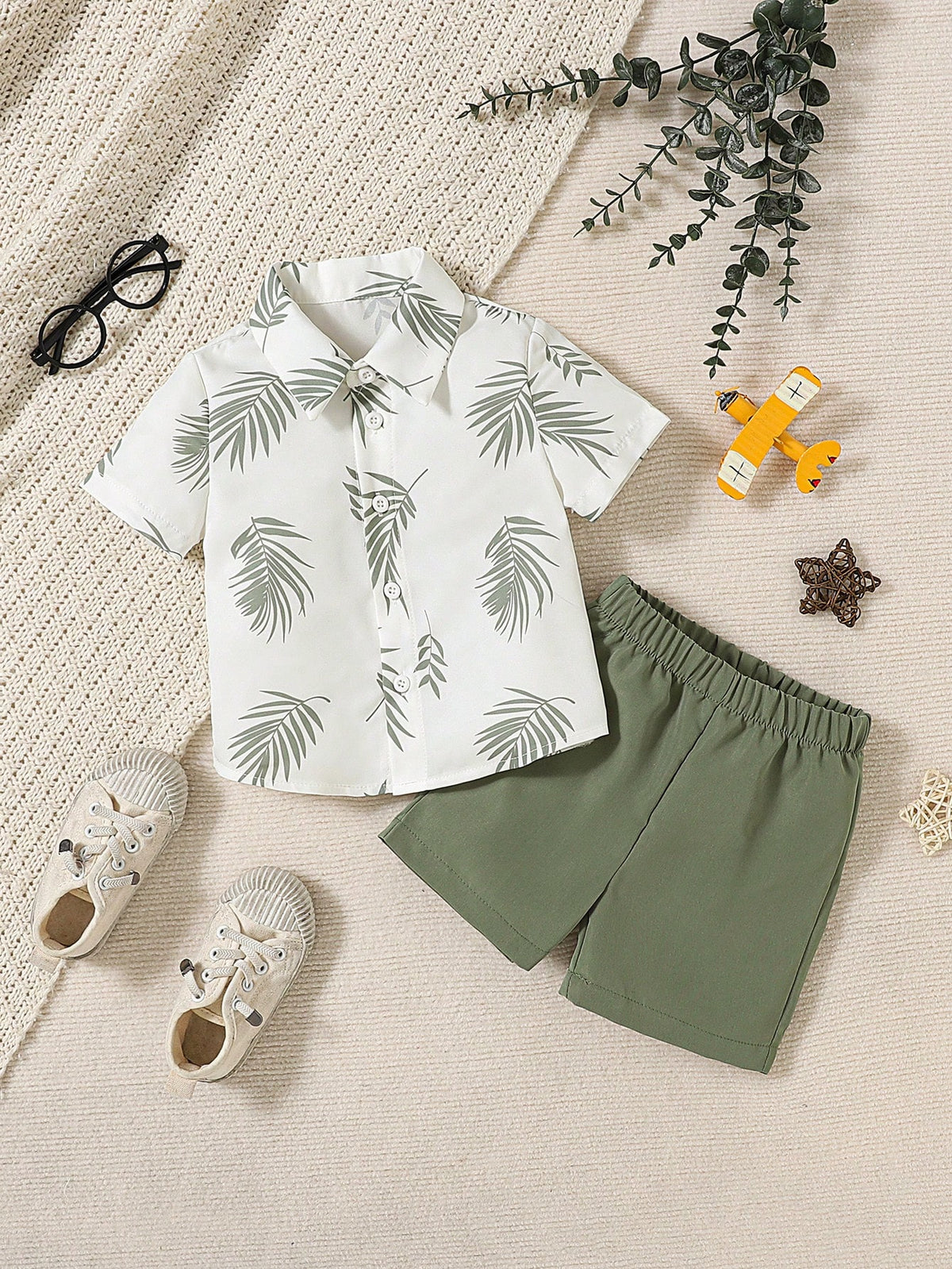 2pcs Boys Palm Leaf Print Shirt & Shorts Set - Ivory | 21 Century Kids