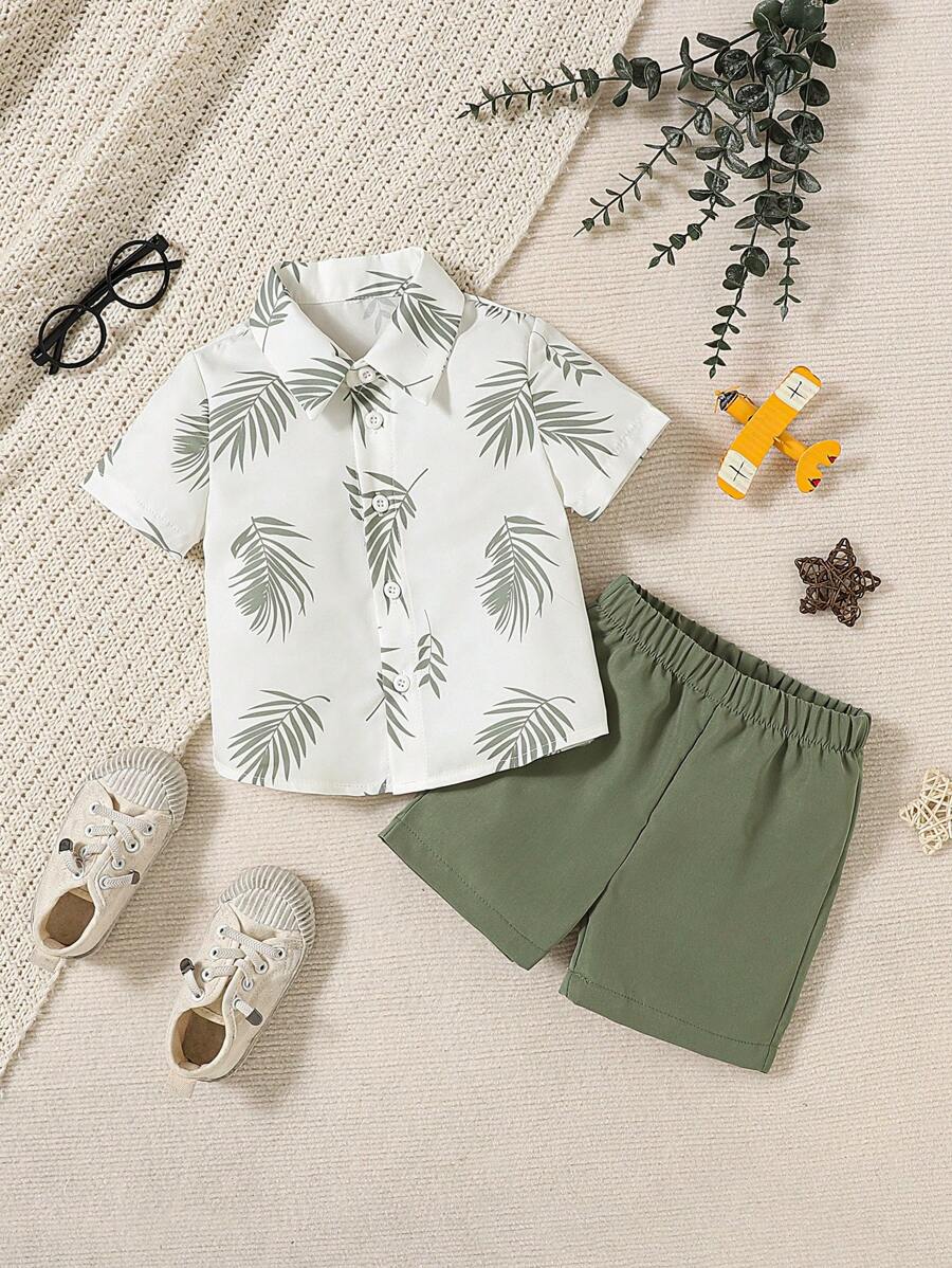 2pcs Boys Palm Leaf Print Shirt & Shorts Set - Ivory | 21 Century Kids