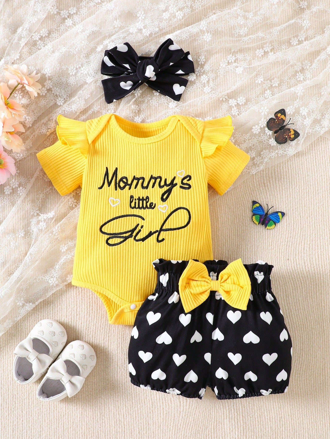 3pcs Baby Girls Ribbed Bodysuit & Heart Print Shorts Set - Buttercu...