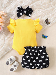3pcs Baby Girls Ribbed Bodysuit & Heart Print Shorts Set - Buttercu...