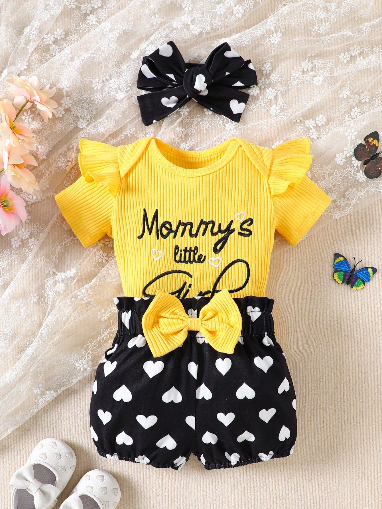 3pcs Baby Girls Ribbed Bodysuit & Heart Print Shorts Set - Buttercu...