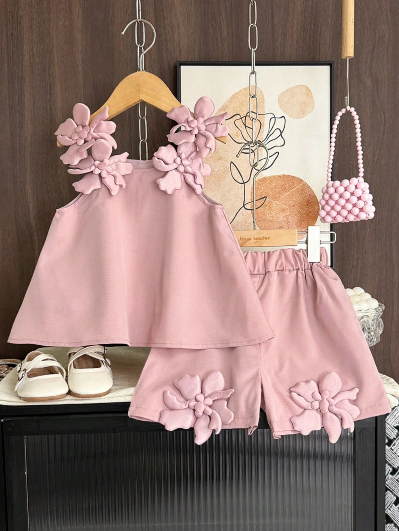 Girls 3D Floral Appliqué Camisole Top & Shorts - Dusty Rose