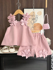 Girls 3D Floral Appliqué Camisole Top & Shorts - Dusty Rose