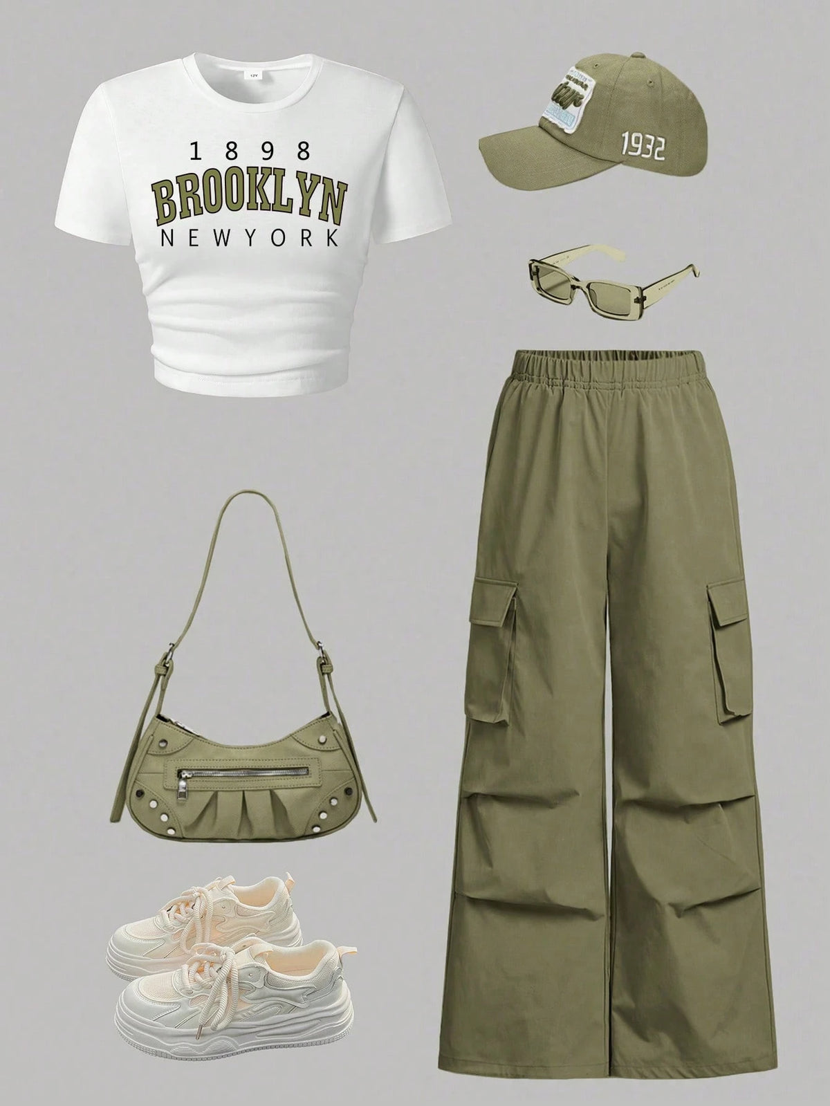 2pcs Big Girls Brooklyn Graphic Crop Tee & Cargo Pants Set - Sage |...