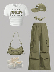 2pcs Big Girls Brooklyn Graphic Crop Tee & Cargo Pants Set - Sage |...