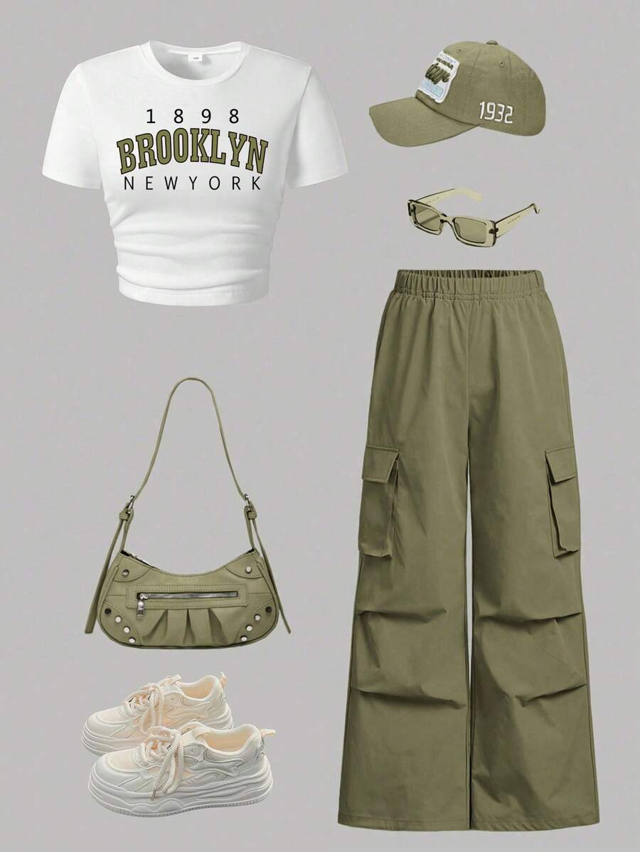 2pcs Big Girls Brooklyn Graphic Crop Tee & Cargo Pants Set - Sage |...