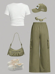 2pcs Big Girls Brooklyn Graphic Crop Tee & Cargo Pants Set - Sage |...