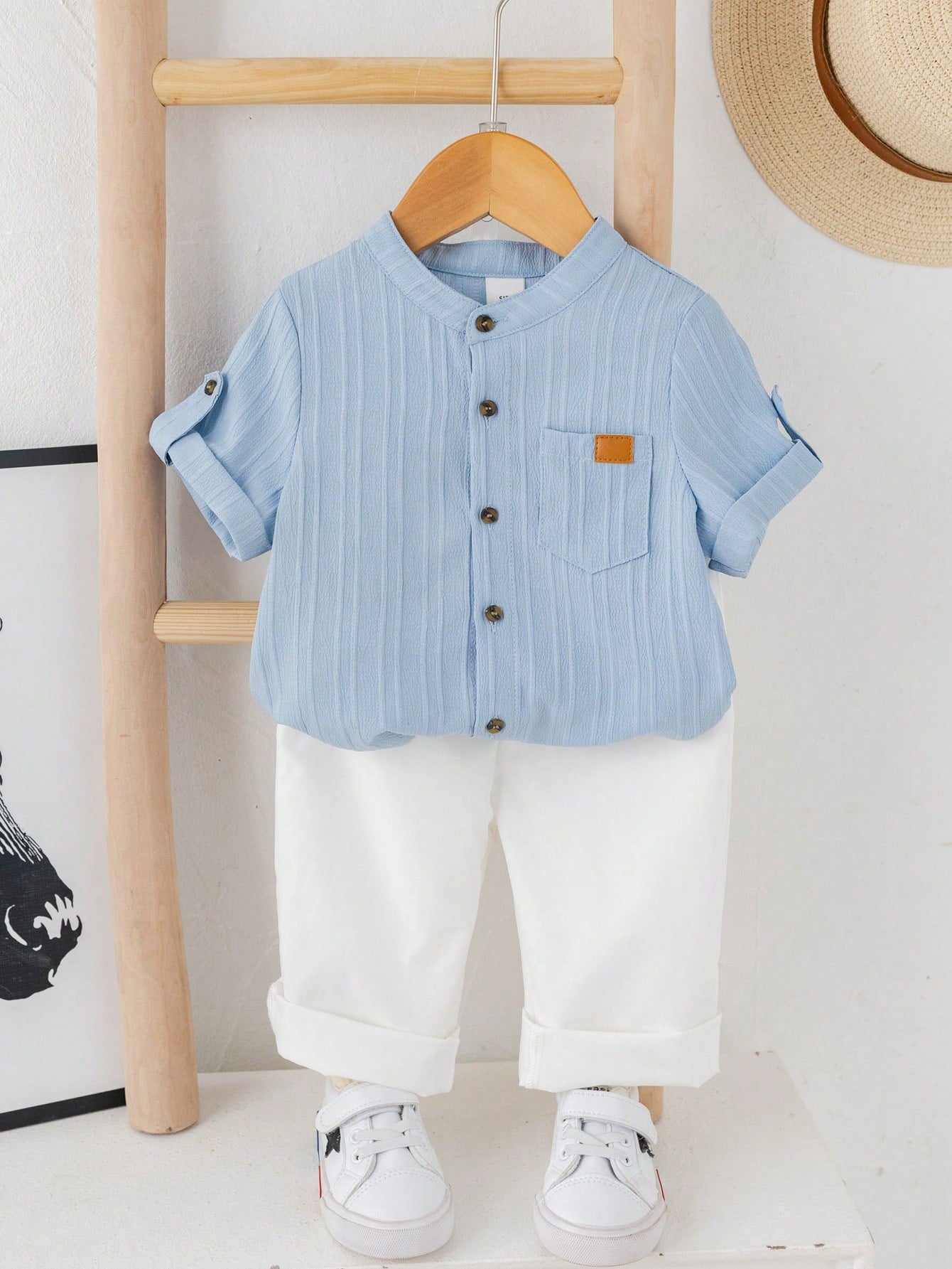 2pcs Boys Stand Collar Shirt & Trousers Set - Cerulean