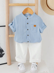 2pcs Boys Stand Collar Shirt & Trousers Set - Cerulean