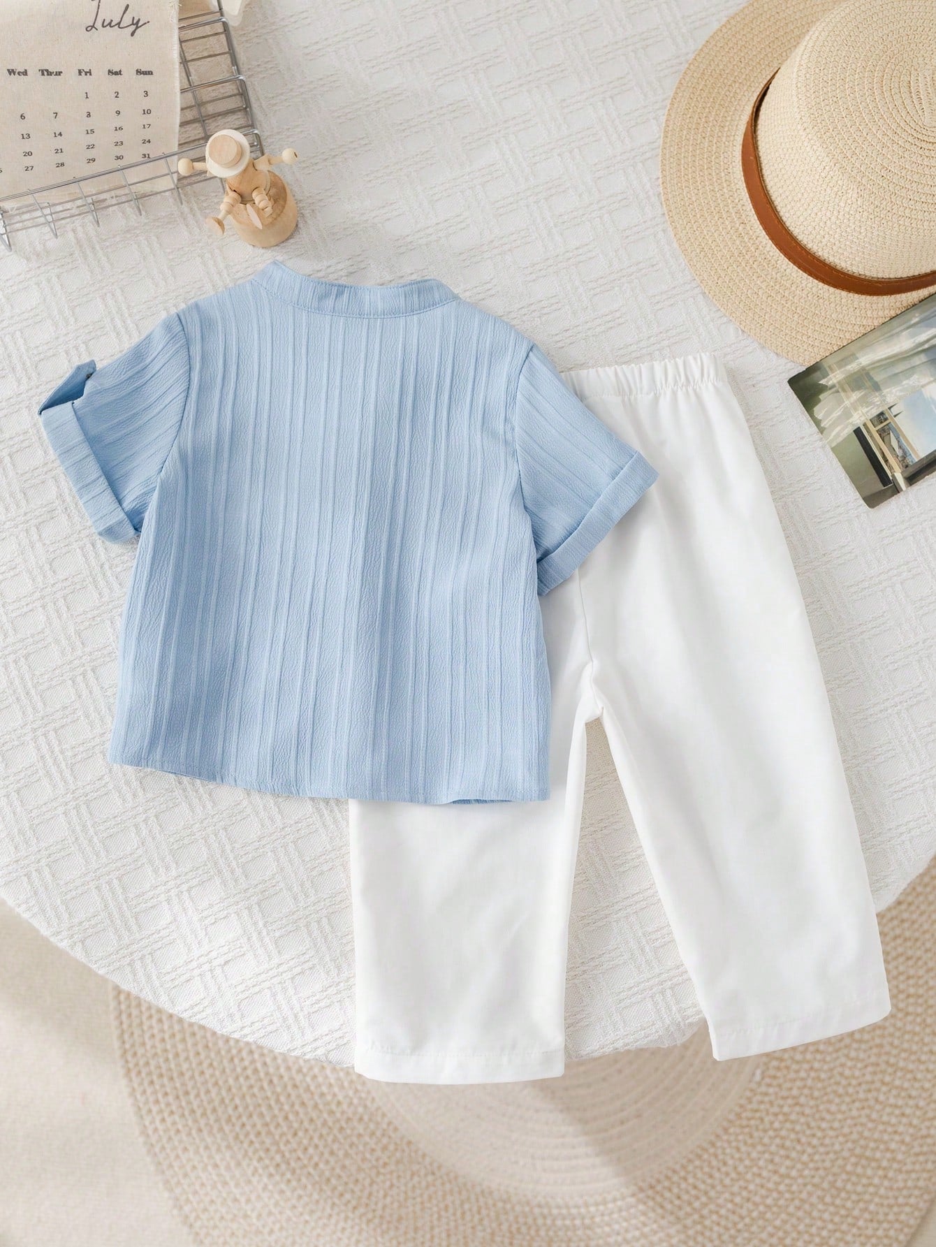 2pcs Boys Stand Collar Shirt & Trousers Set - Cerulean