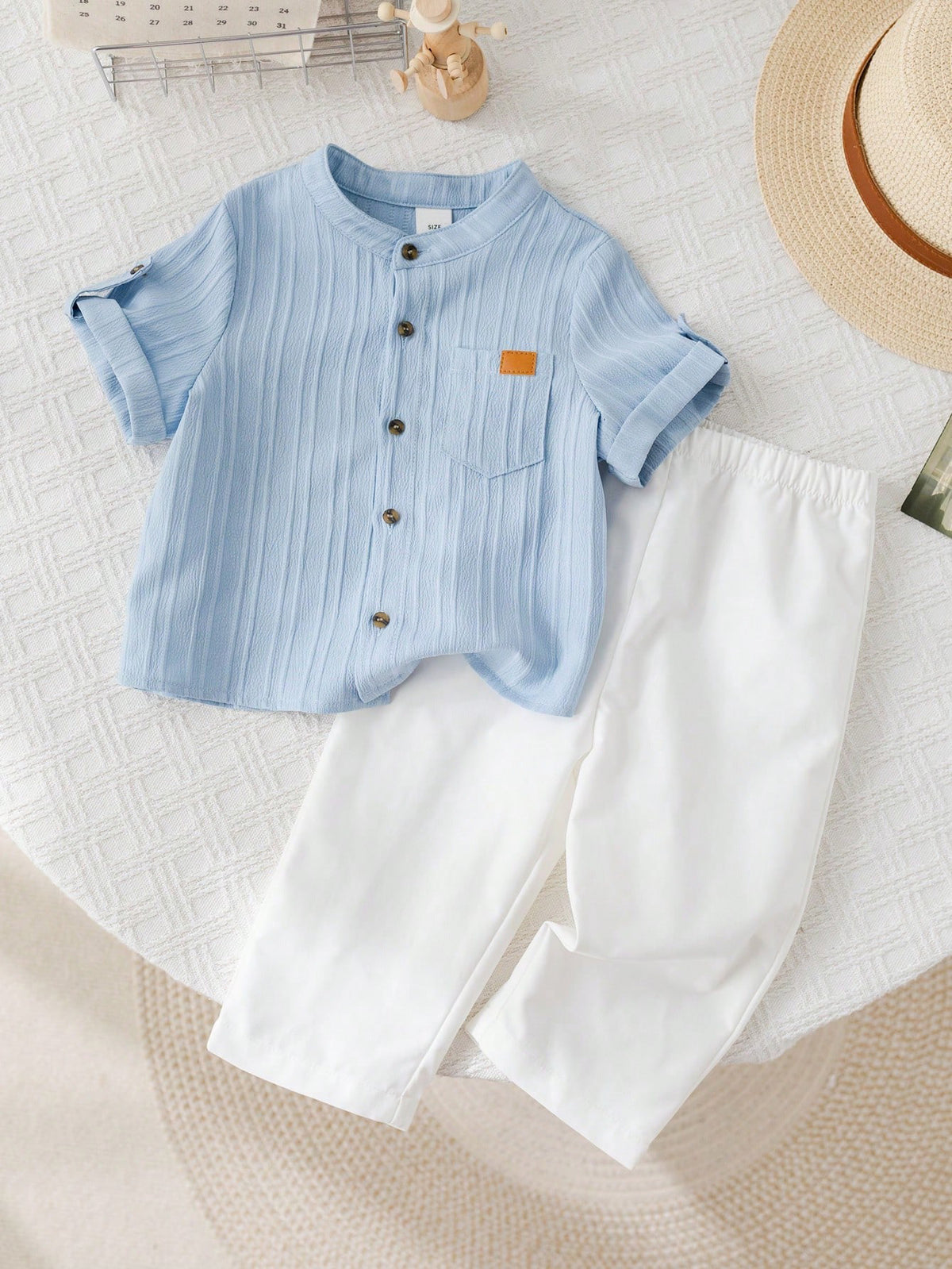 2pcs Boys Stand Collar Shirt & Trousers Set - Cerulean