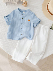 2pcs Boys Stand Collar Shirt & Trousers Set - Cerulean