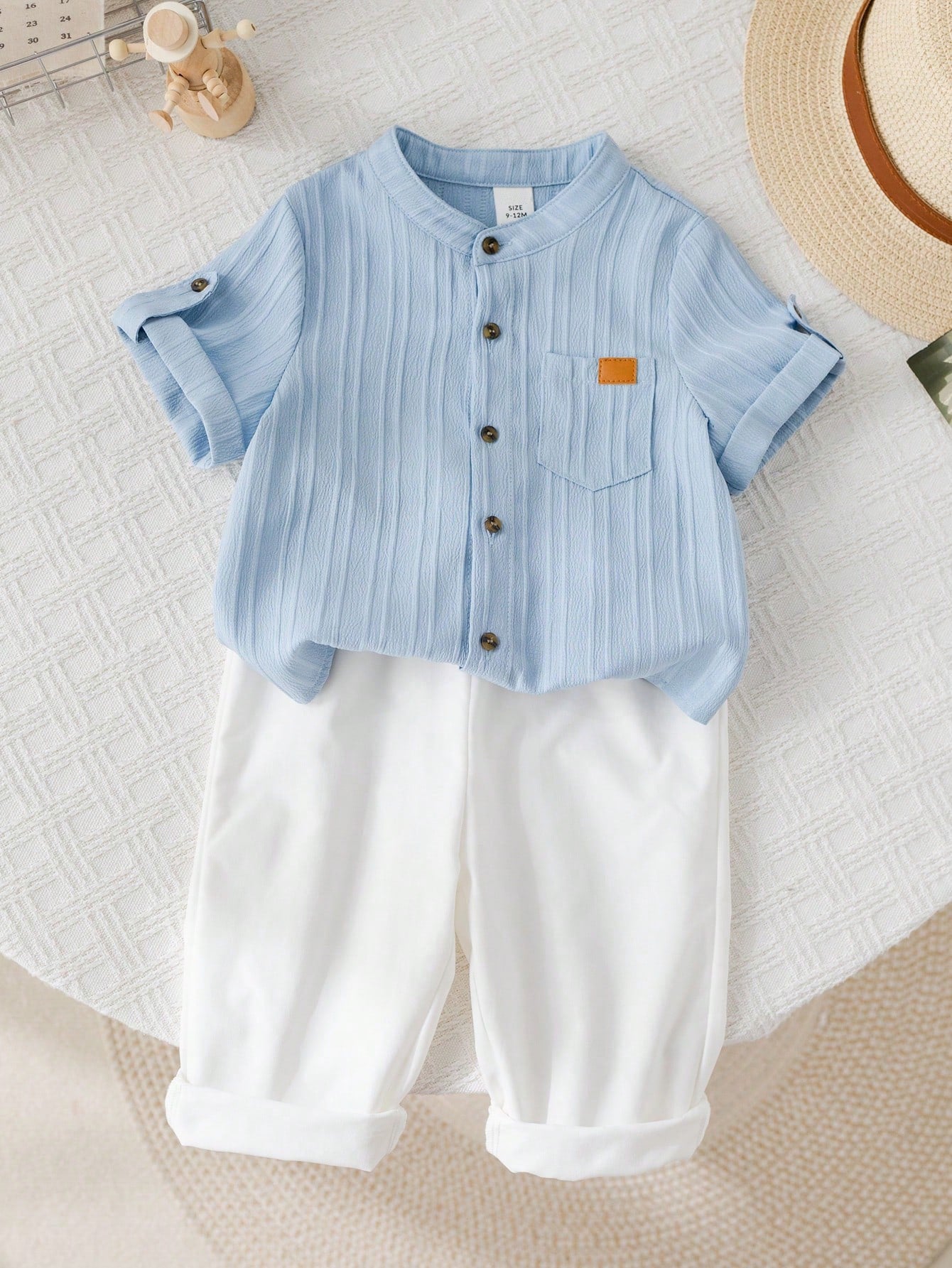 2pcs Boys Stand Collar Shirt & Trousers Set - Cerulean