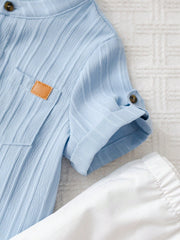 2pcs Boys Stand Collar Shirt & Trousers Set - Cerulean