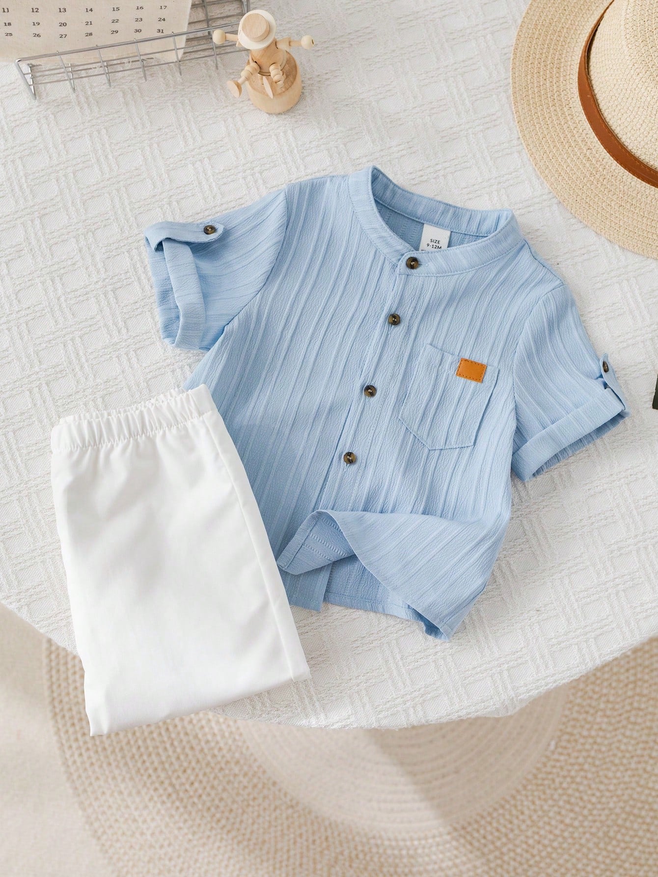 2pcs Boys Stand Collar Shirt & Trousers Set - Cerulean