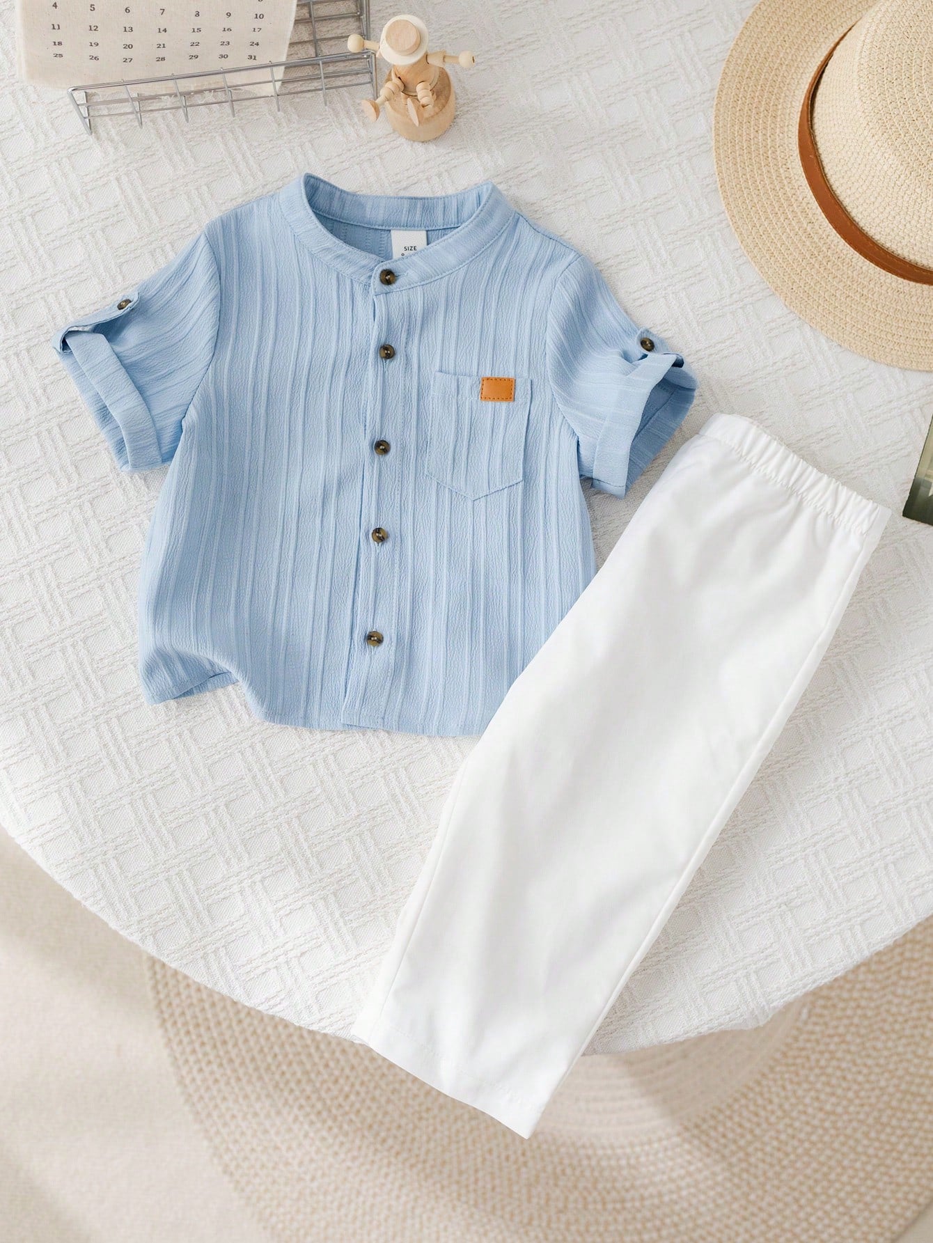 2pcs Boys Stand Collar Shirt & Trousers Set - Cerulean