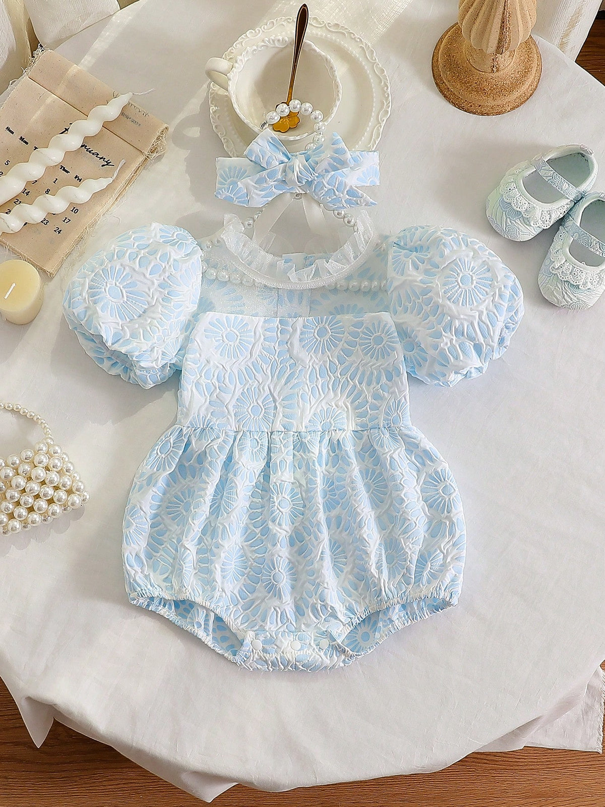 2pcs Girls Floral Jacquard Puff Sleeve Romper & Bow Headband Set - ...