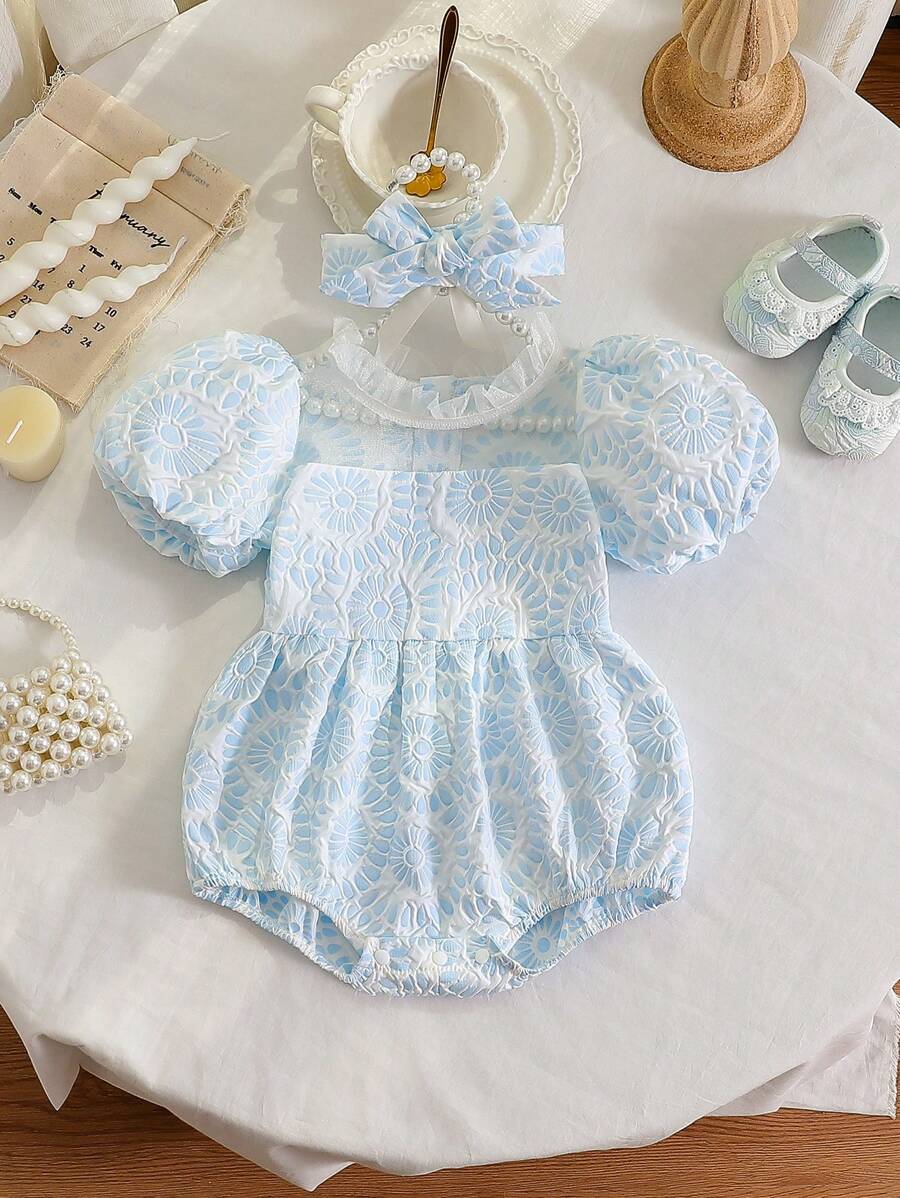 2pcs Girls Floral Jacquard Puff Sleeve Romper & Bow Headband Set - ...