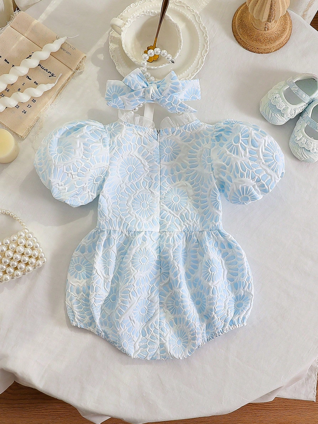 2pcs Girls Floral Jacquard Puff Sleeve Romper & Bow Headband Set - ...