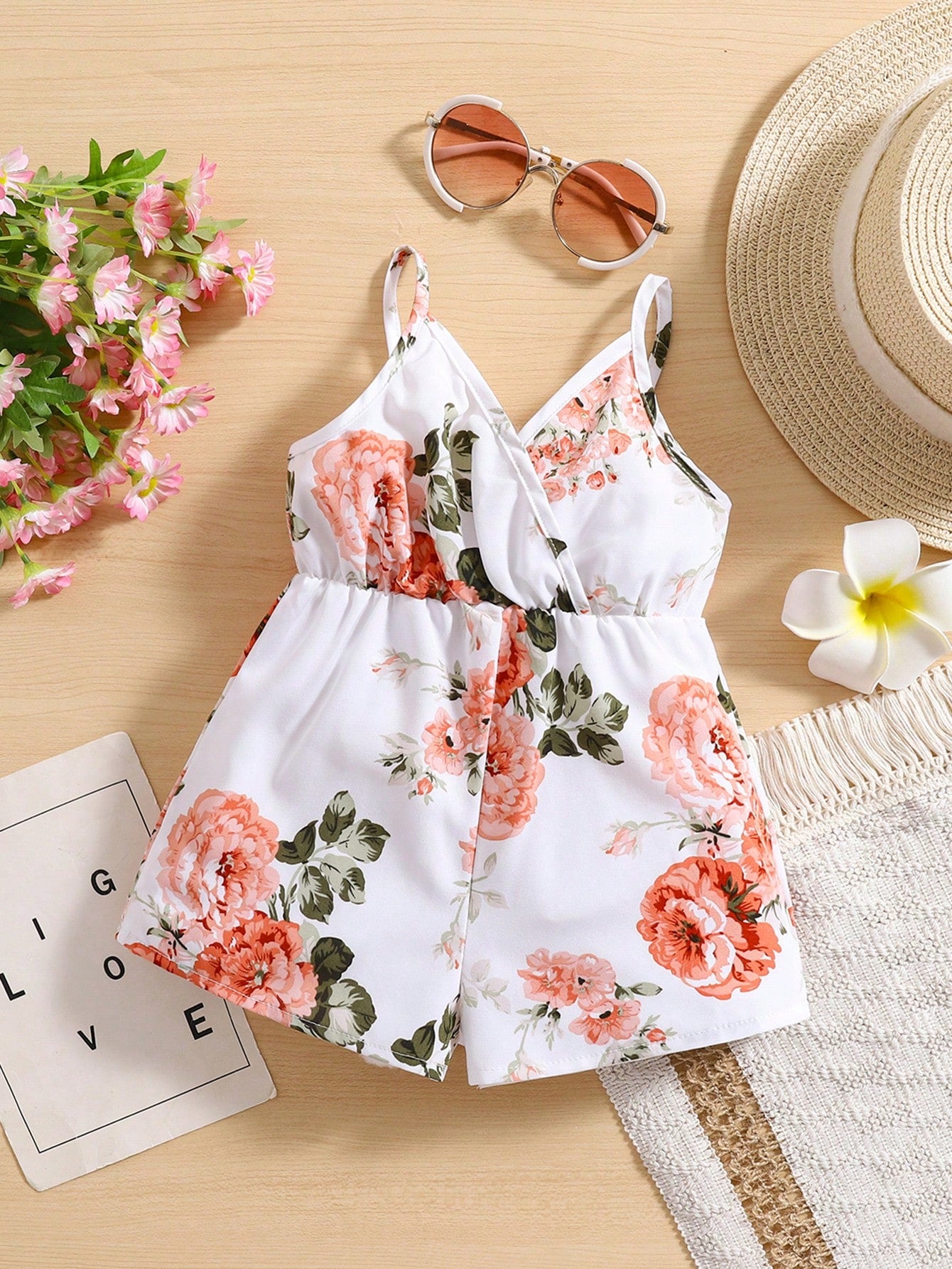 Girls Peony Floral Spaghetti Strap Romper - Ivory | 21 Century Kids