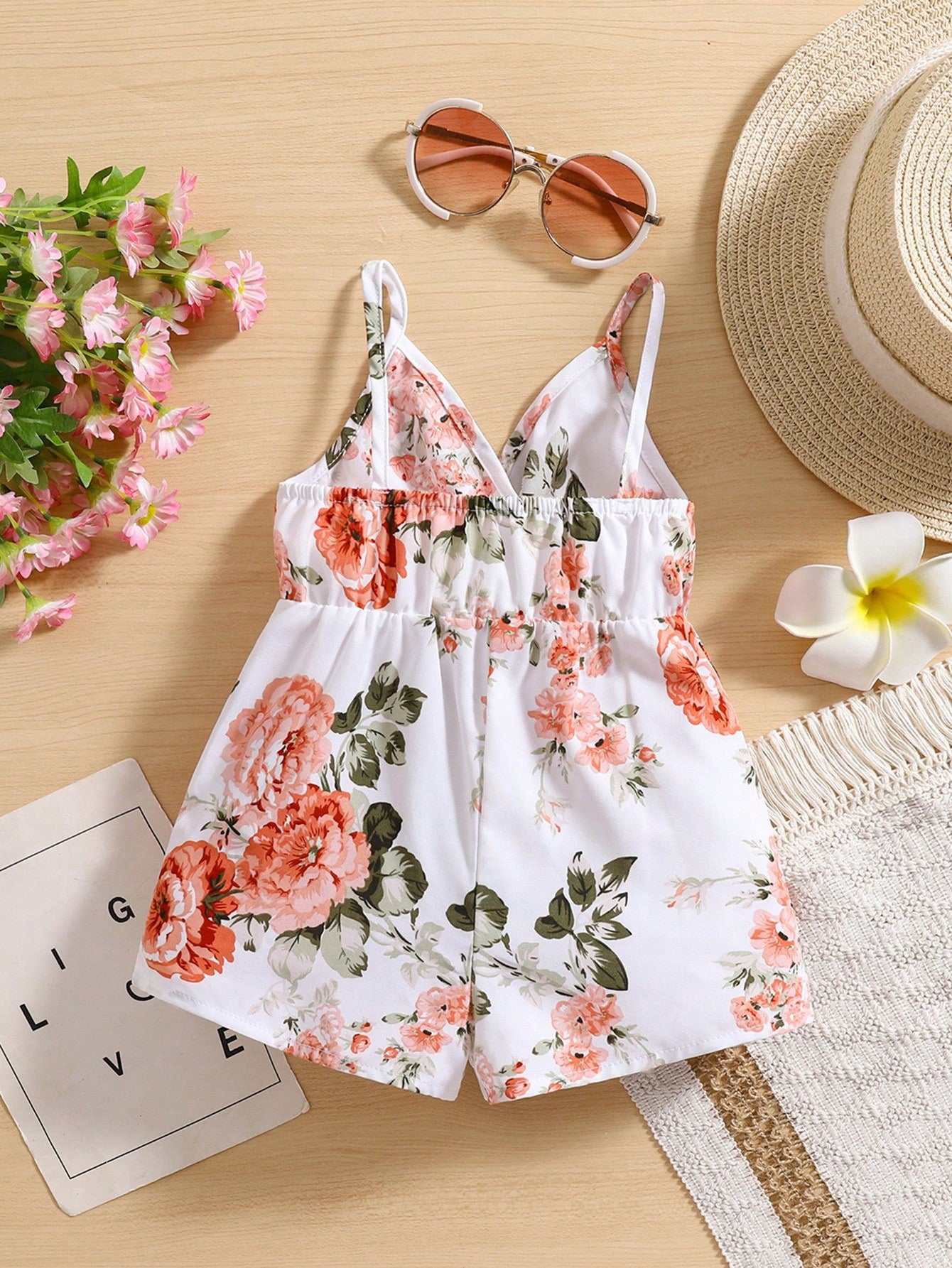 Girls Peony Floral Spaghetti Strap Romper - Ivory | 21 Century Kids