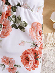 Girls Peony Floral Spaghetti Strap Romper - Ivory | 21 Century Kids