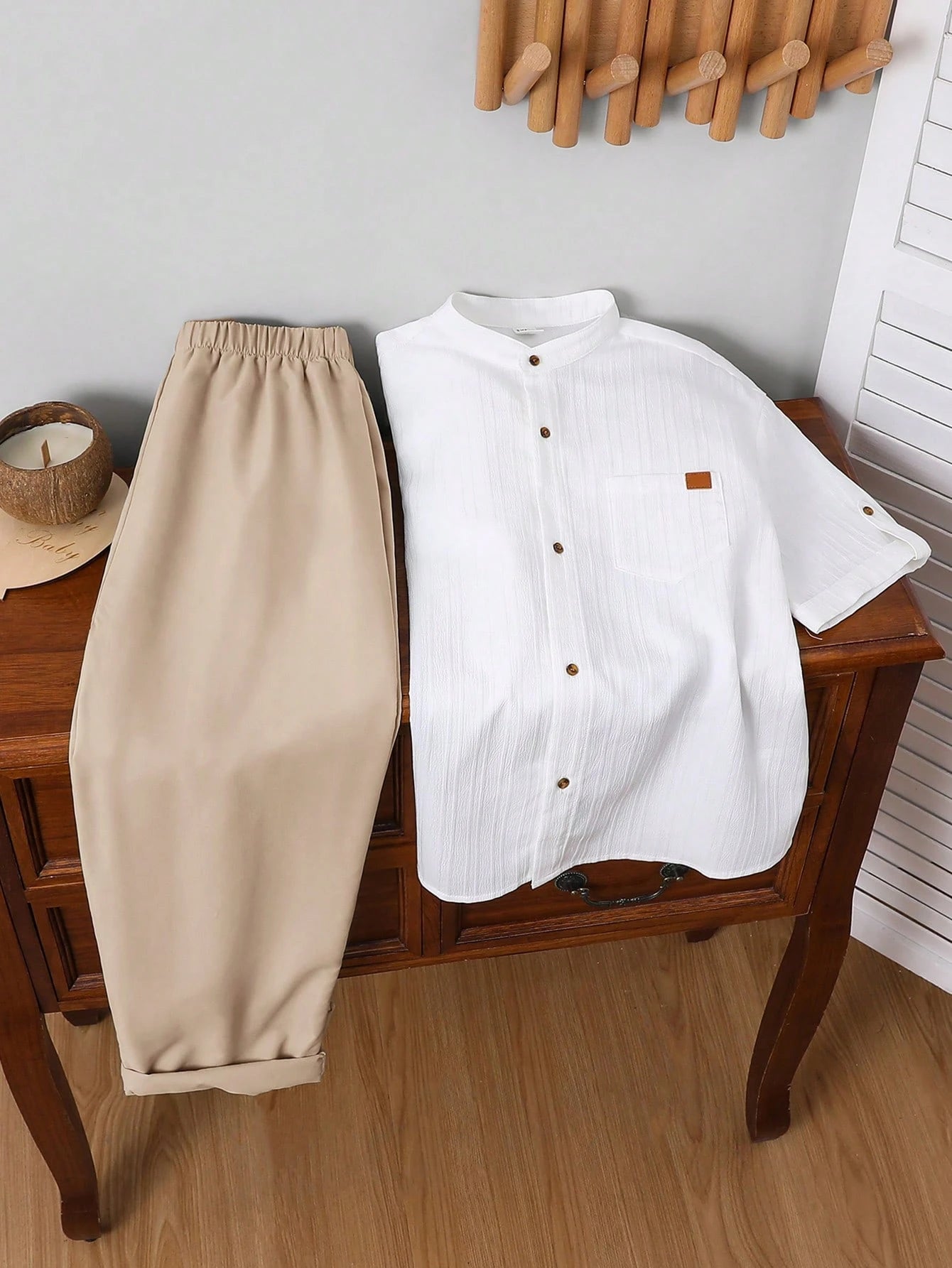 2pcs Big Boys Textured Mandarin Collar Shirt & Trousers Set - Ivory...