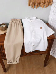 2pcs Big Boys Textured Mandarin Collar Shirt & Trousers Set - Ivory...
