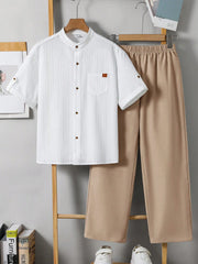 2pcs Big Boys Textured Mandarin Collar Shirt & Trousers Set - Ivory...