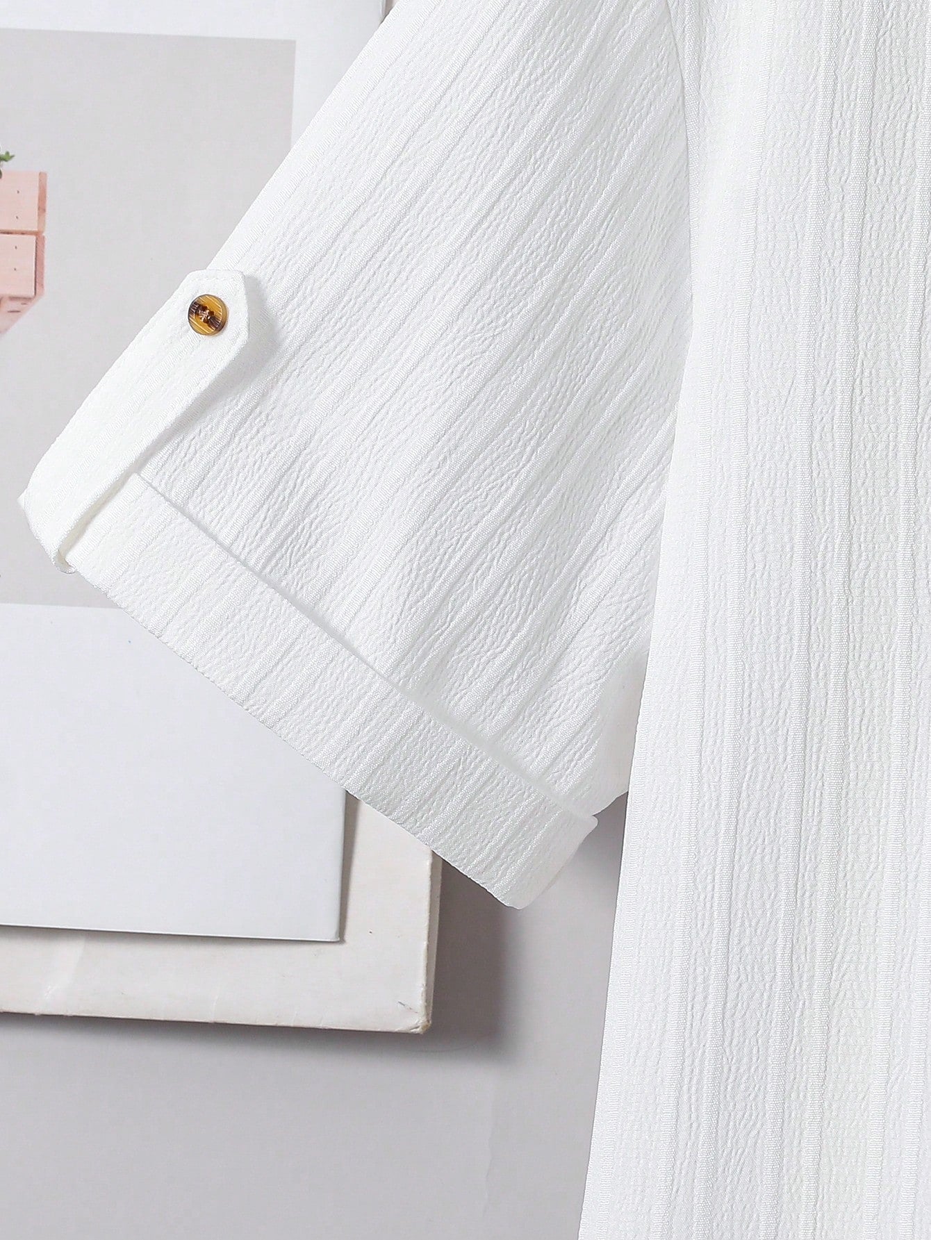 2pcs Big Boys Textured Mandarin Collar Shirt & Trousers Set - Ivory...