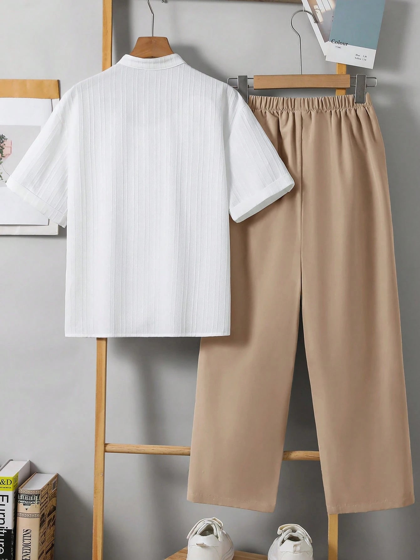 2pcs Big Boys Textured Mandarin Collar Shirt & Trousers Set - Ivory...
