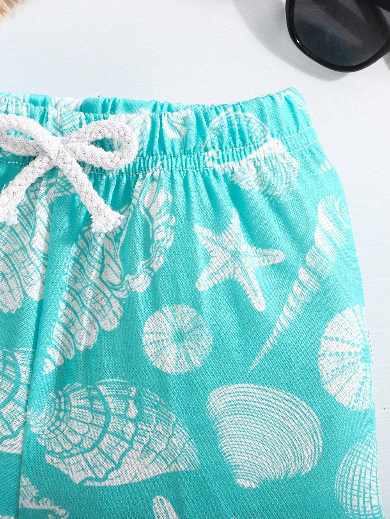 3pcs Baby Boys Shell Print Vest, Shorts & Bucket Hat - Aqua