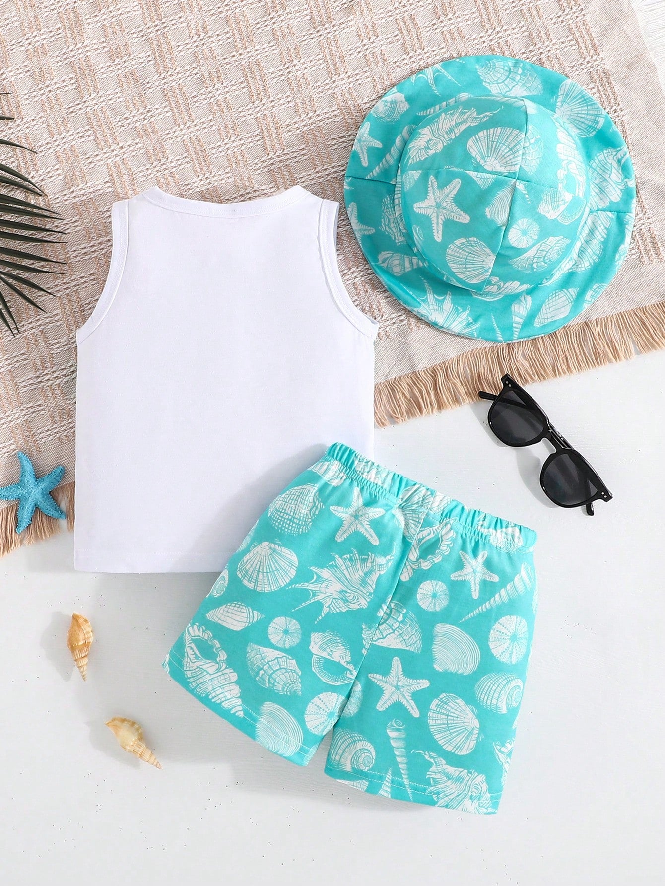 3pcs Baby Boys Shell Print Vest, Shorts & Bucket Hat - Aqua